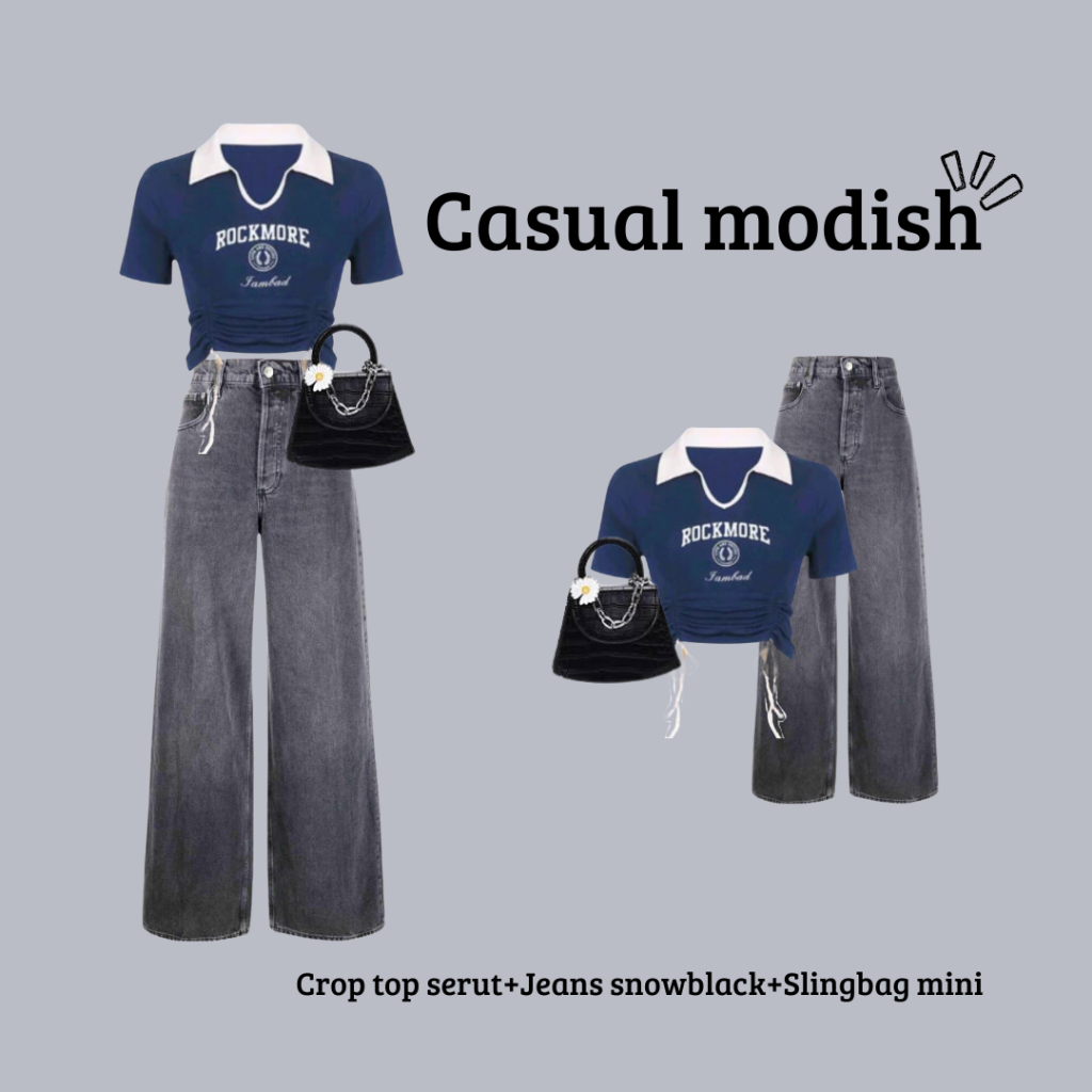 One Set Casual Style(Crop Top Berkerah Serut+Celana Jeans Snowblack+Slingbag mini)Modish Lane-ML52