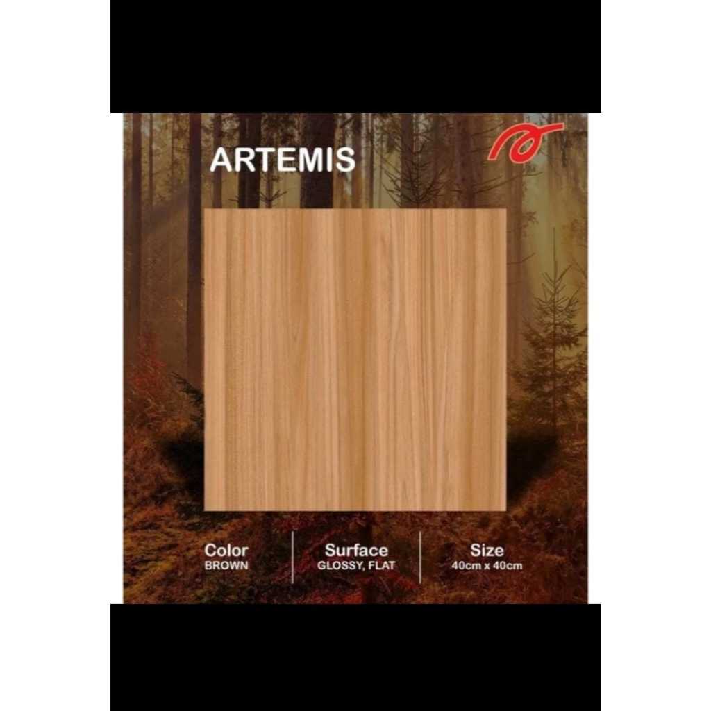 KERAMIK LANTAI MOTIF KAYU GLOSY MINIMALIS UKURAN 40X40 | ARWANA ARTEMIS BROWN 40X40