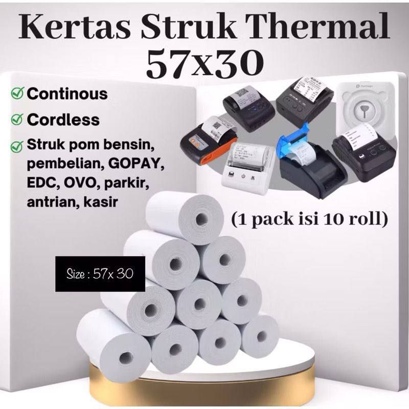 

Kertas Struk Thermal EDC 57x30 MM 10 ROLL PAPER ROLL MINI PRINTER BLUETOOTH
