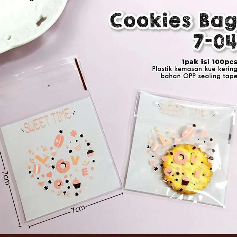 

OPP PLASTIK 7X7 SWEET TIME LOVE 7-04 ISI 100LBR X 1, PLASTIK PEREKAT COCOK U/ROTI/COOKIES