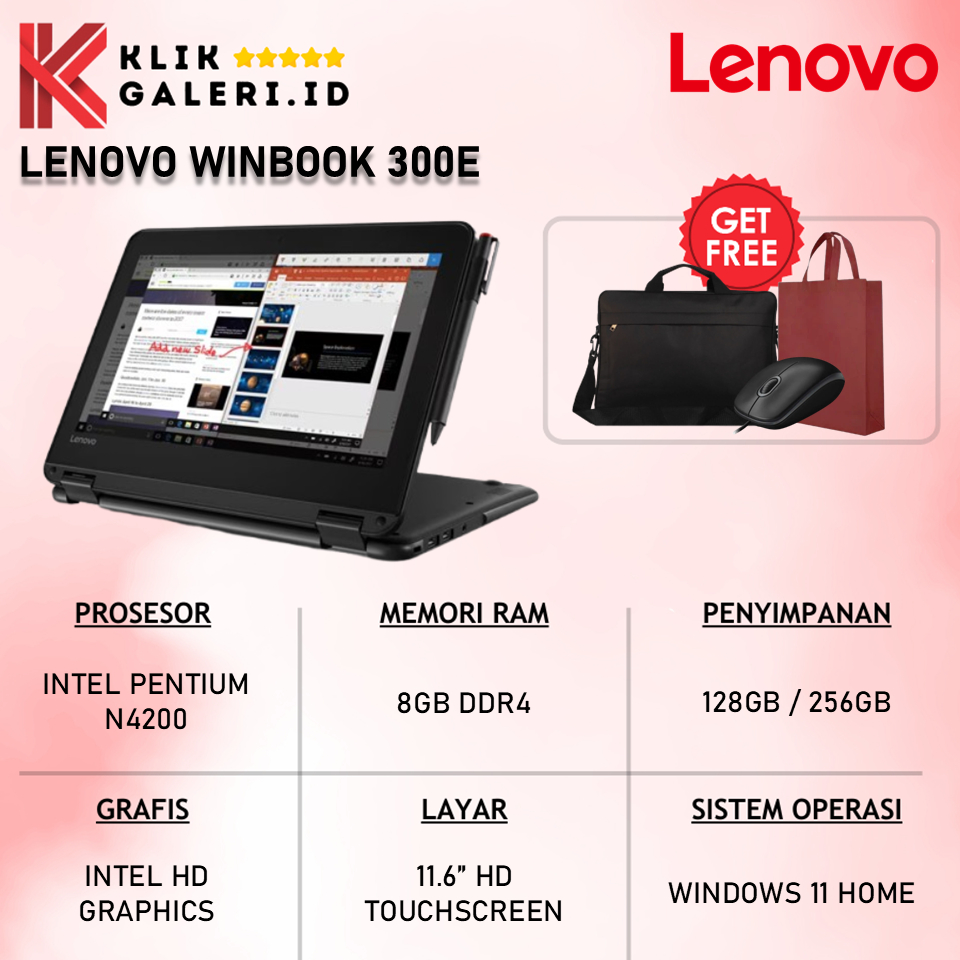 Laptop Lenovo Winbook 300e Intel N4200 RAM 8GB 256GB Layar 11.6 Inch Touch Screen