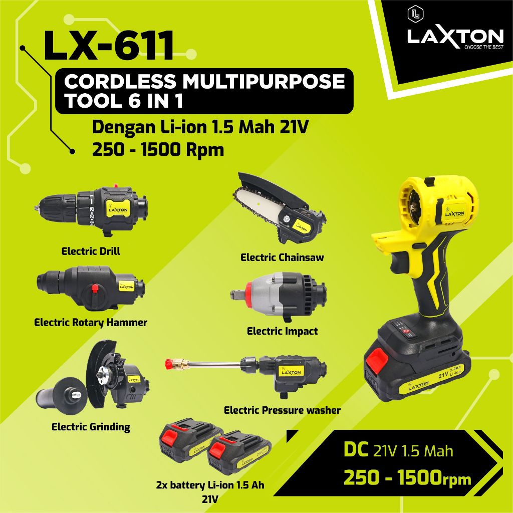 LAXTON mesin 6 in 1 Bor, Gerinda, Jet cleaner, Impact wrench, Chainsaw, Rotary Hammer LX611