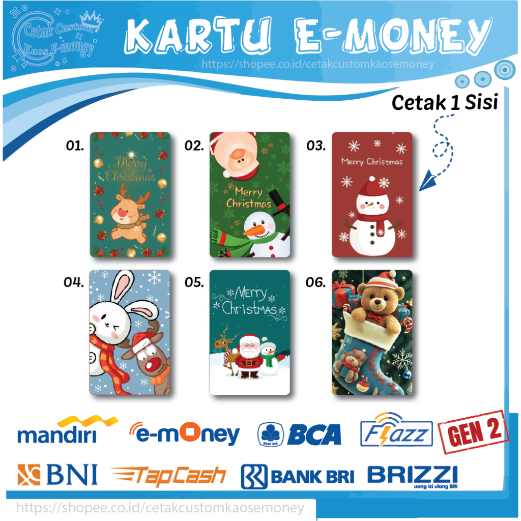 KARTU E MONEY E TOLL KUMPULAN KARTUN NATAL MERRY CHRISTMAS EMONEY MANDIRI BCA BNI BRI - 1 SISI