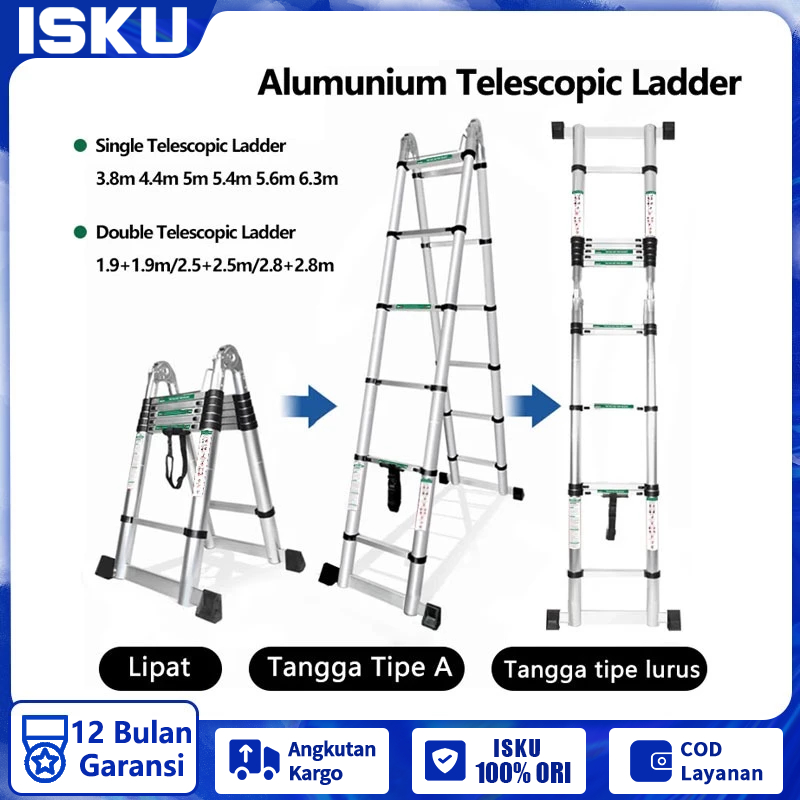 ISKU Tangga Lipat Aluminium Teleskopik/Single Telescopic Ladder 3.8m 4.4m 5m 5.4m 6.3m Meter Tangga 