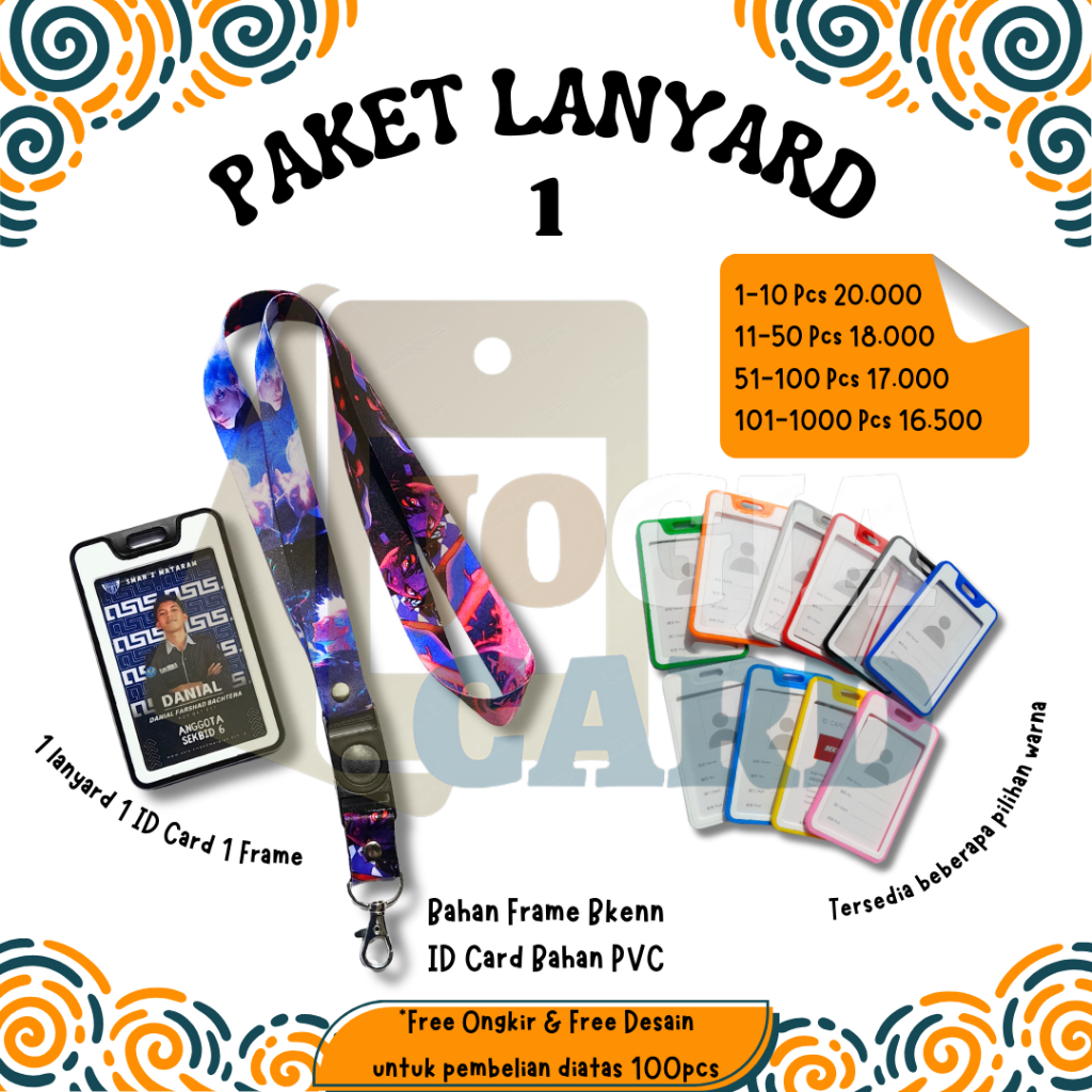

PAKET LANYARD + ID Card + Frame Holder BKENN, tali bahan tissue halus mengkilap kartu PVC Murah