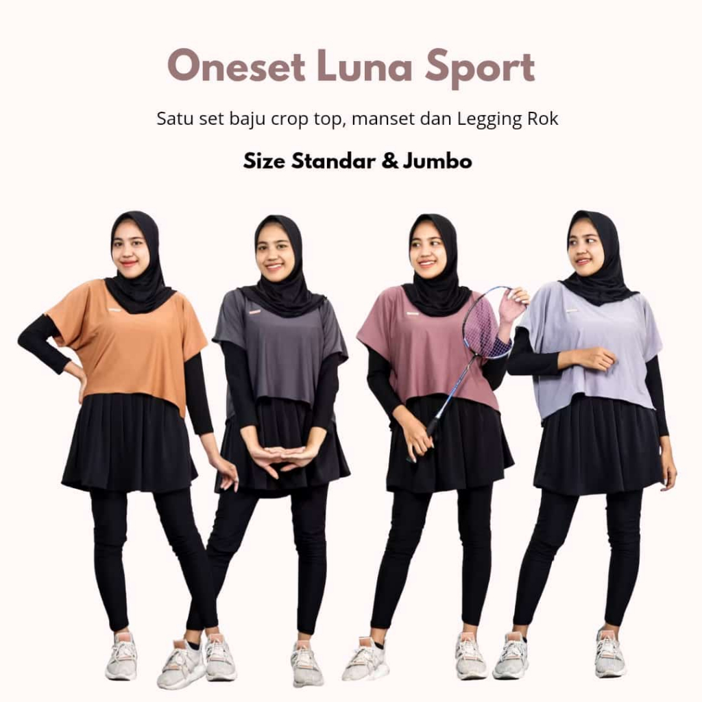 Setelan Baju Olahraga Wanita Oneset Luna Sport Crop Top Legging Rok Manset Model 3 in 1 Bahan Jersey