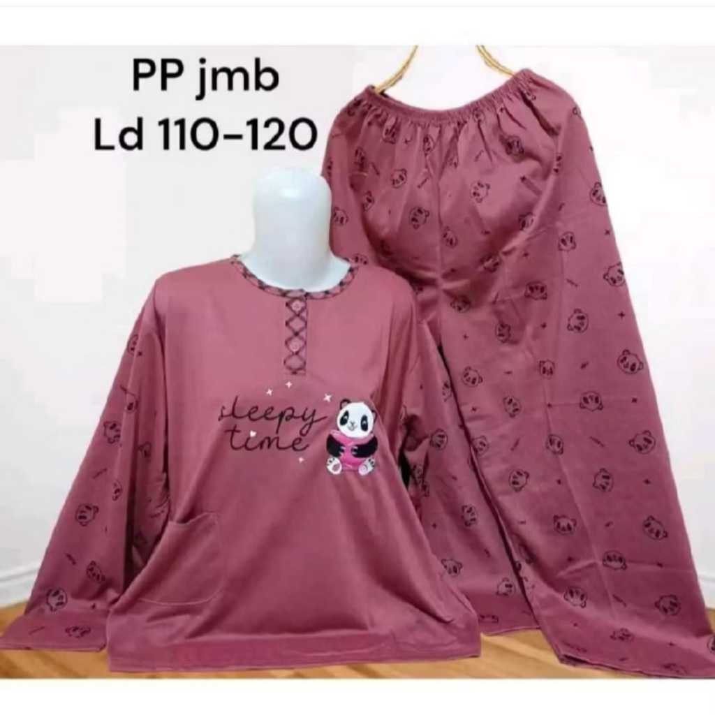 READY STOCK SET PP BAJU TIDUR KAOS LENGAN PANJANG DAN CELANA PANJANG JUMBO BABYDOLL WANITA LD