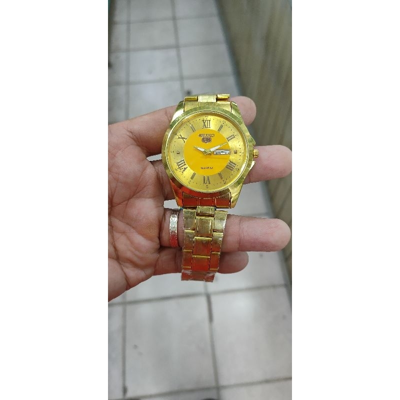 jam tangan seiko quartz gold stenlis steel fashion pria