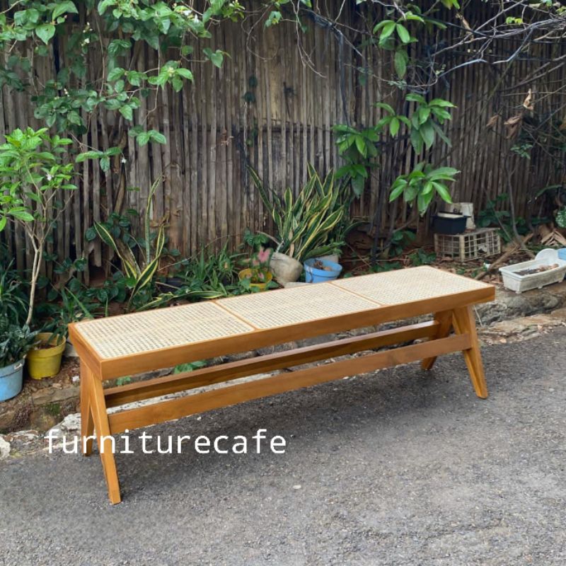 kursi bench jati rotan aesthetic minimalis, stool bench minimalis rotan jati