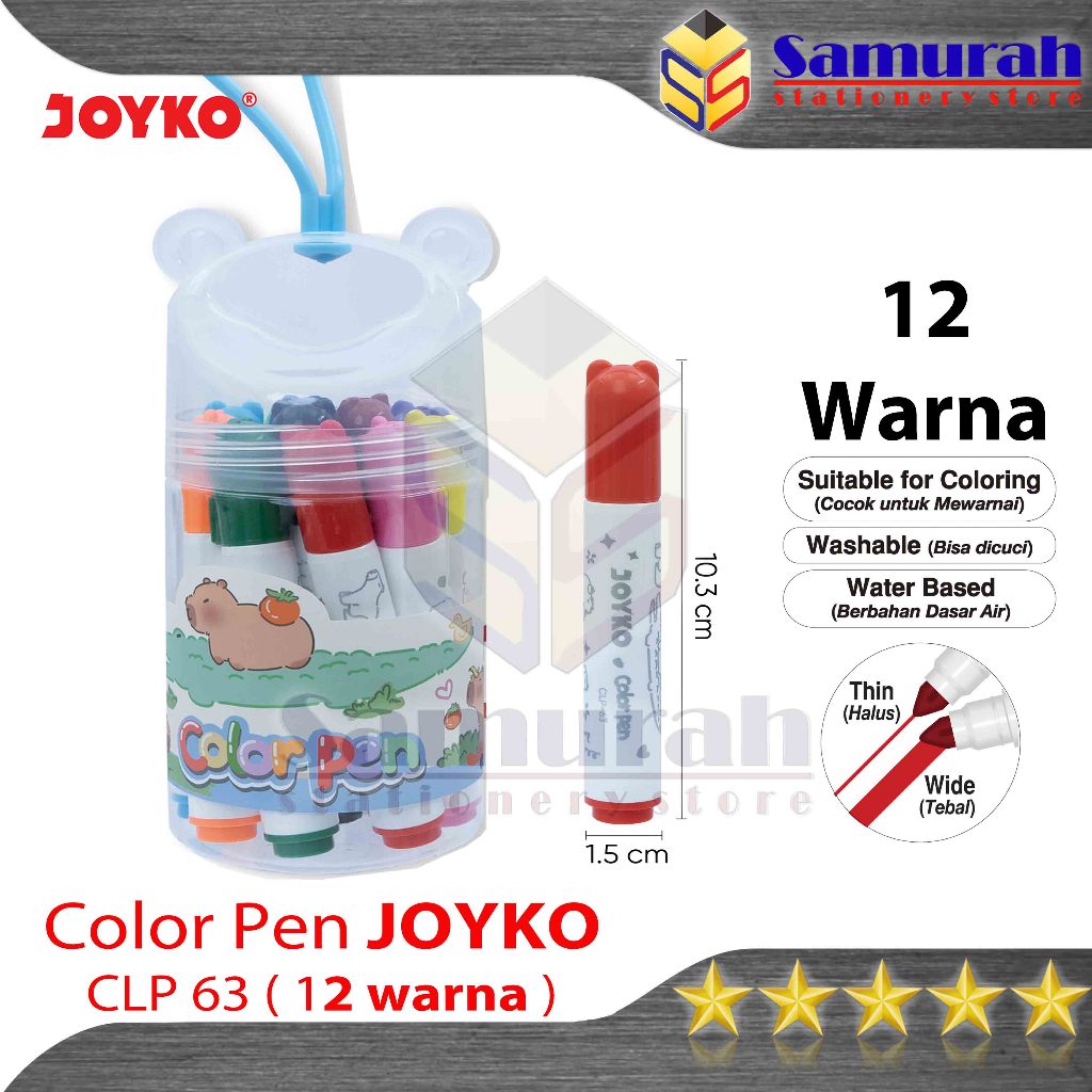

Color Pen Joyko CLP 63 12 Washable / Spidol 12 Warna CLP-63 Tulis Bisa Cuci / Pena berwarna
