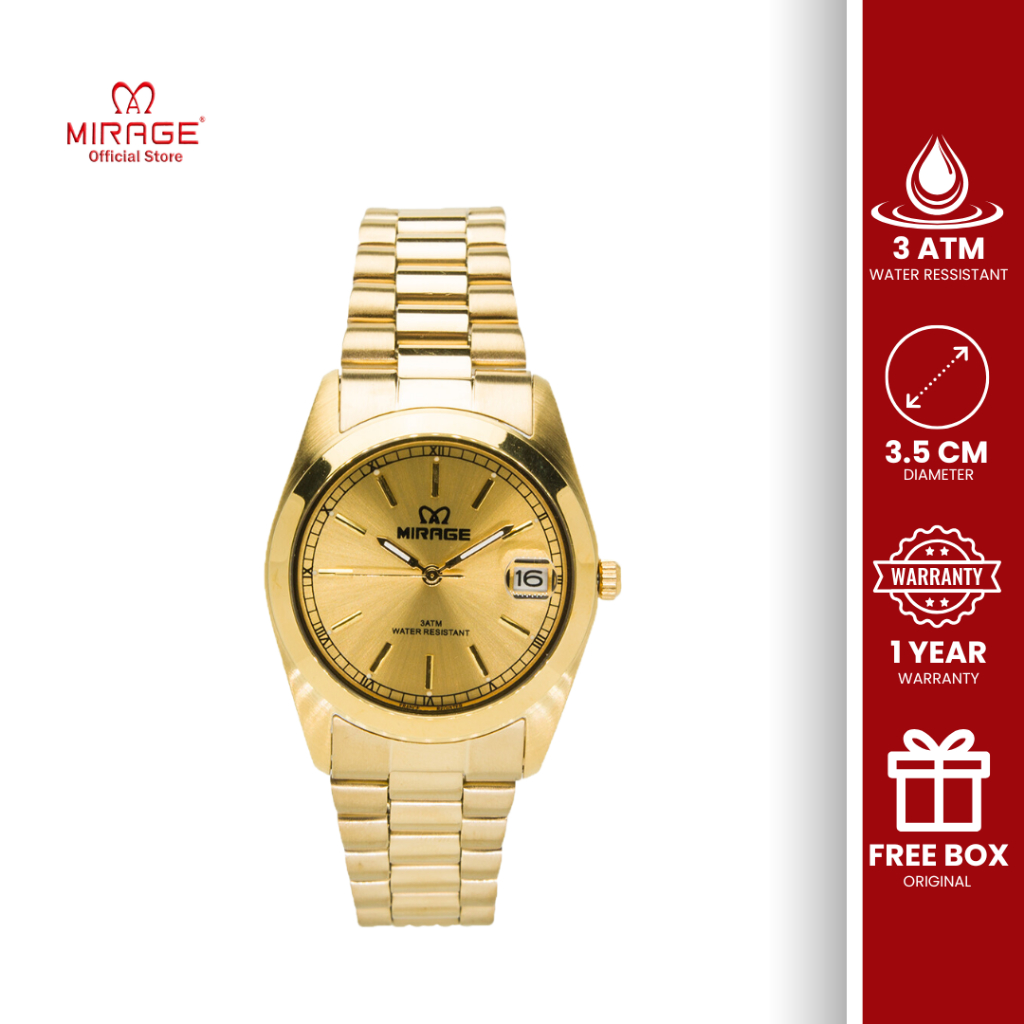 Mirage Jam Tangan Pria Analog Premium Gold Mewah Original TS 195 M Tanggal Aktif Bergaransi Original