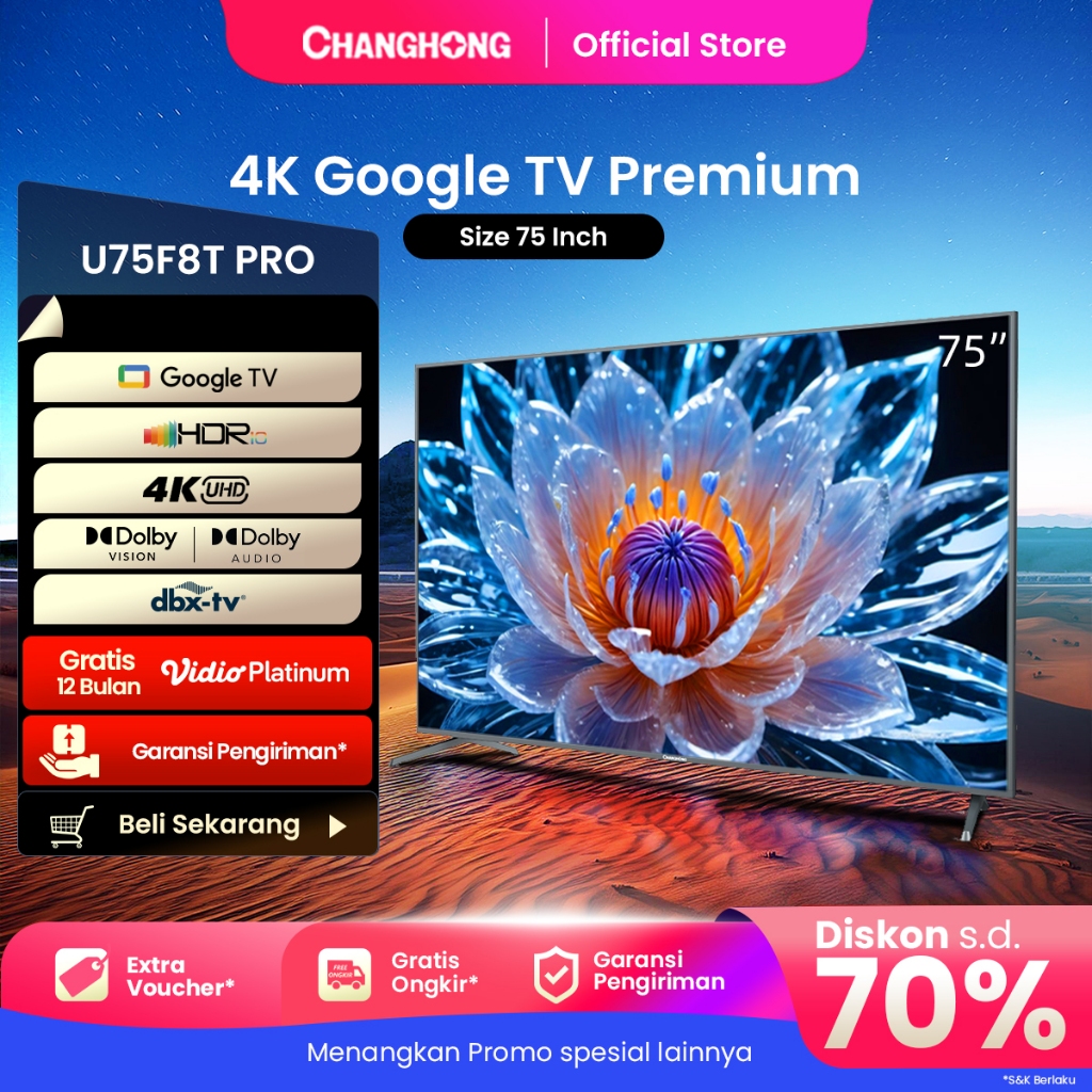 Google TV Changhong 75 Inch 4K  UHD Smart Digital LED TV-Google Assistant-UHD-Wifi-Netflix (Model: U