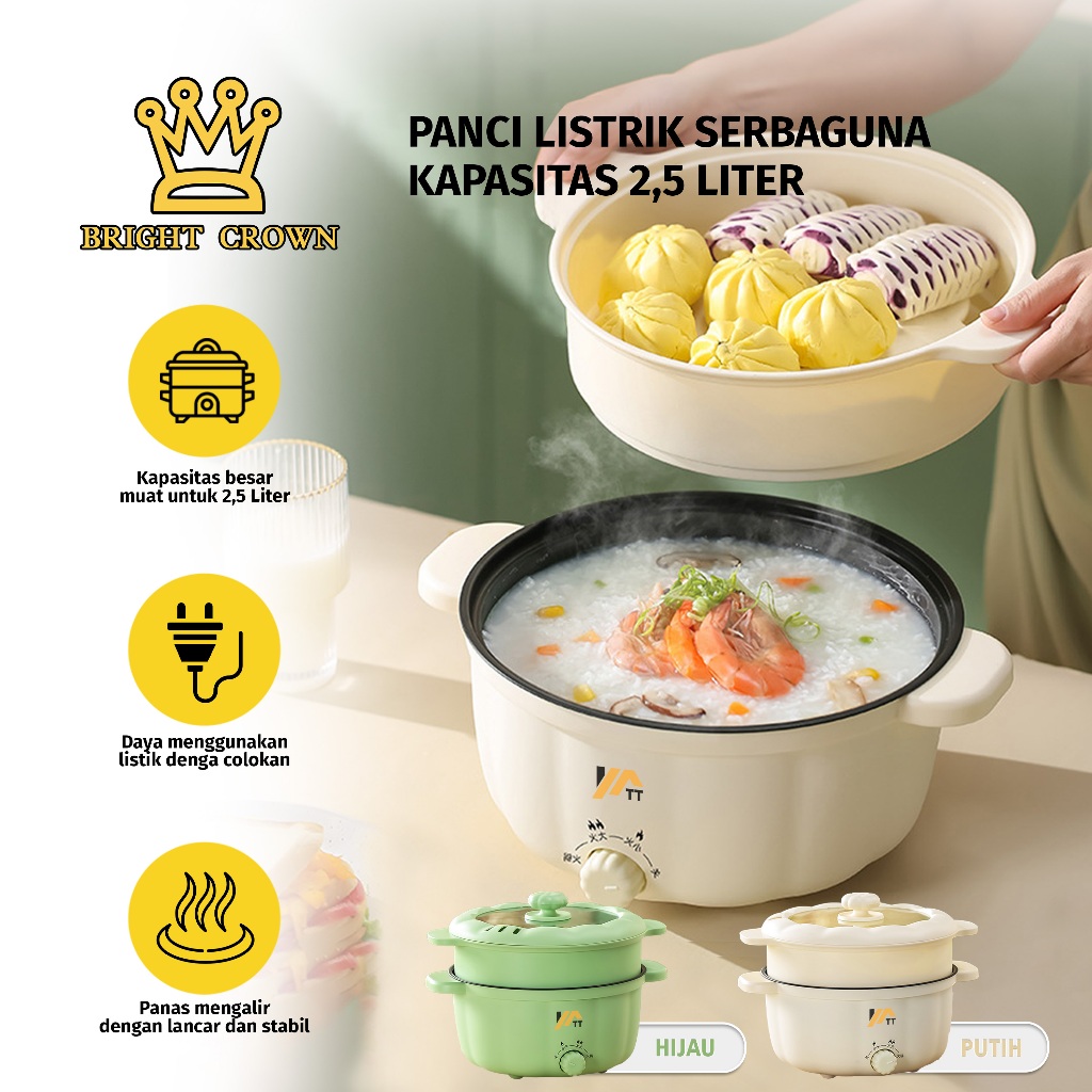 YATT by Bright Crown Panci Masak Listrik Plus Kukusan Stainless Bentuk Labu 2.5L Anti Lengket