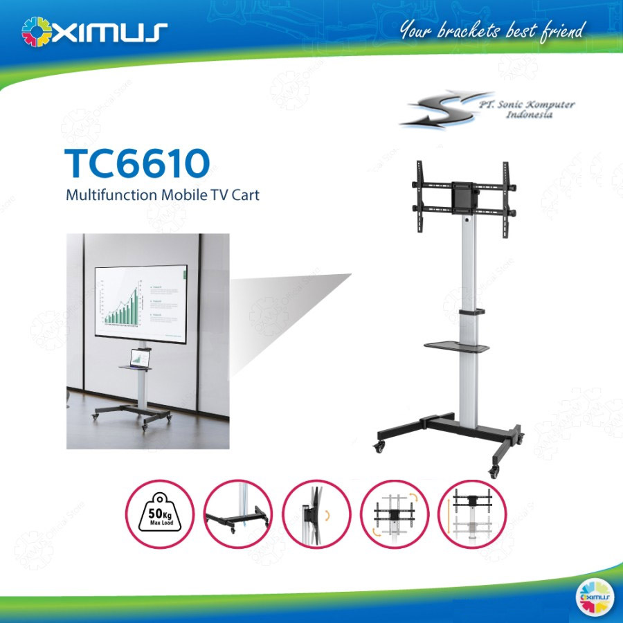 Bracket TV Stand Aluminium Oximus TC6610 Bracket Standing Roda TV 37" - 86"
