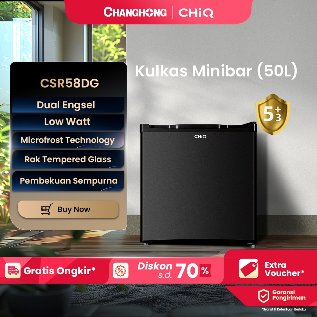 CHiQ Kulkas 1 Pintu Mini Bar 50L CSR58DG  (Semi Auto Defrost) (Adjustable Door Bisa Di Buka Dari Kan