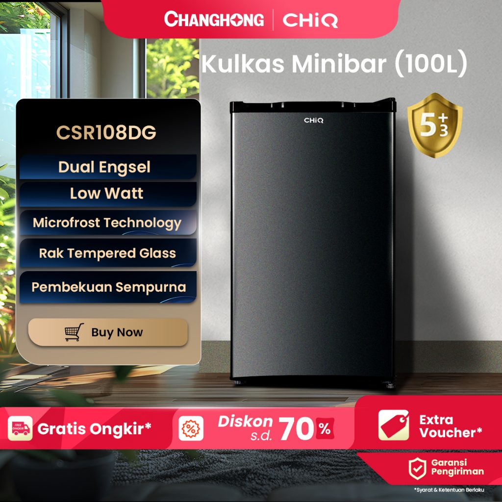 CHiQ Kulkas 1 Pintu 100L CSR108DG (Semi Auto-Defrost ) (Ajustable Door Bisa di Buka Dari Kanan/Kiri)