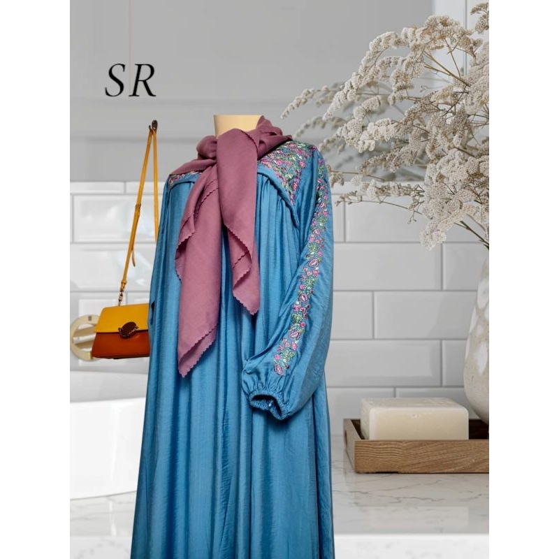 Gamis Bordir Motif Bunga Bahan Polo Linen