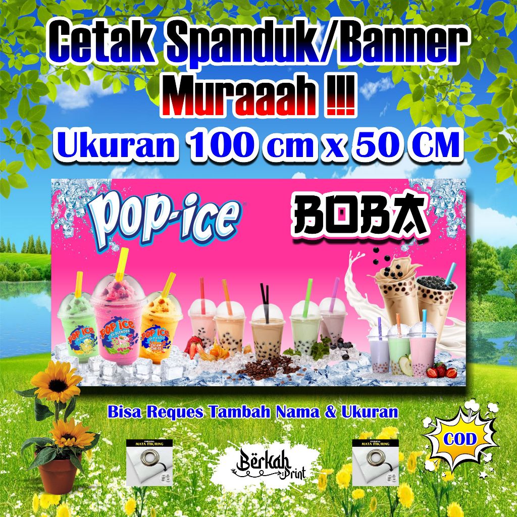Spanduk Banner Pop Ice & Boba Ukuran 100 cm x 50 cm