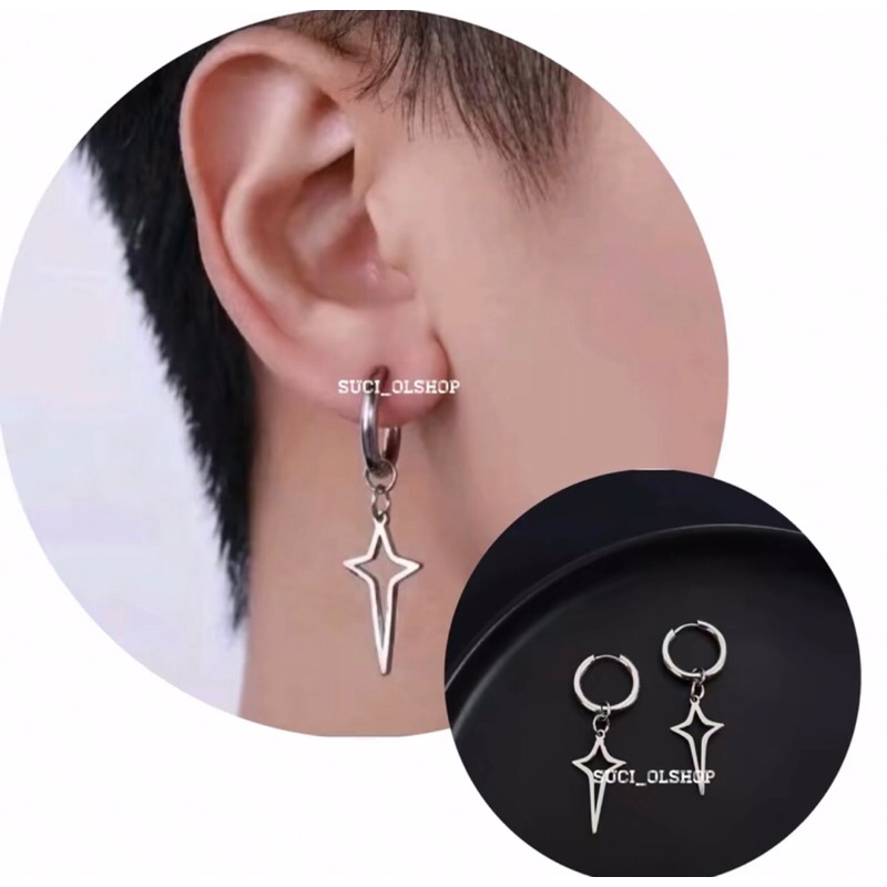 ANTING TINDIK HOOP TITANIUM BANDUL BINTANG PANJANG/ANTING KEREN ANTI KARAT