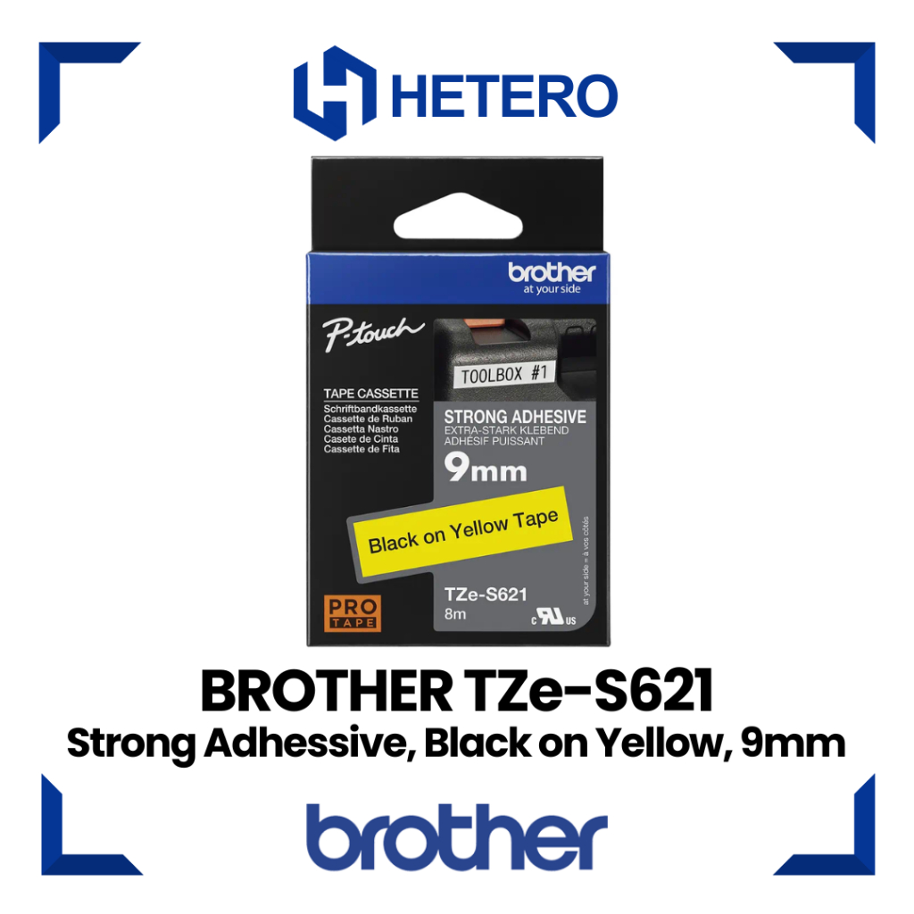 

BROTHER Color Tape TZE-S621 Strong Adhessive, Black on Yellow, 9mm