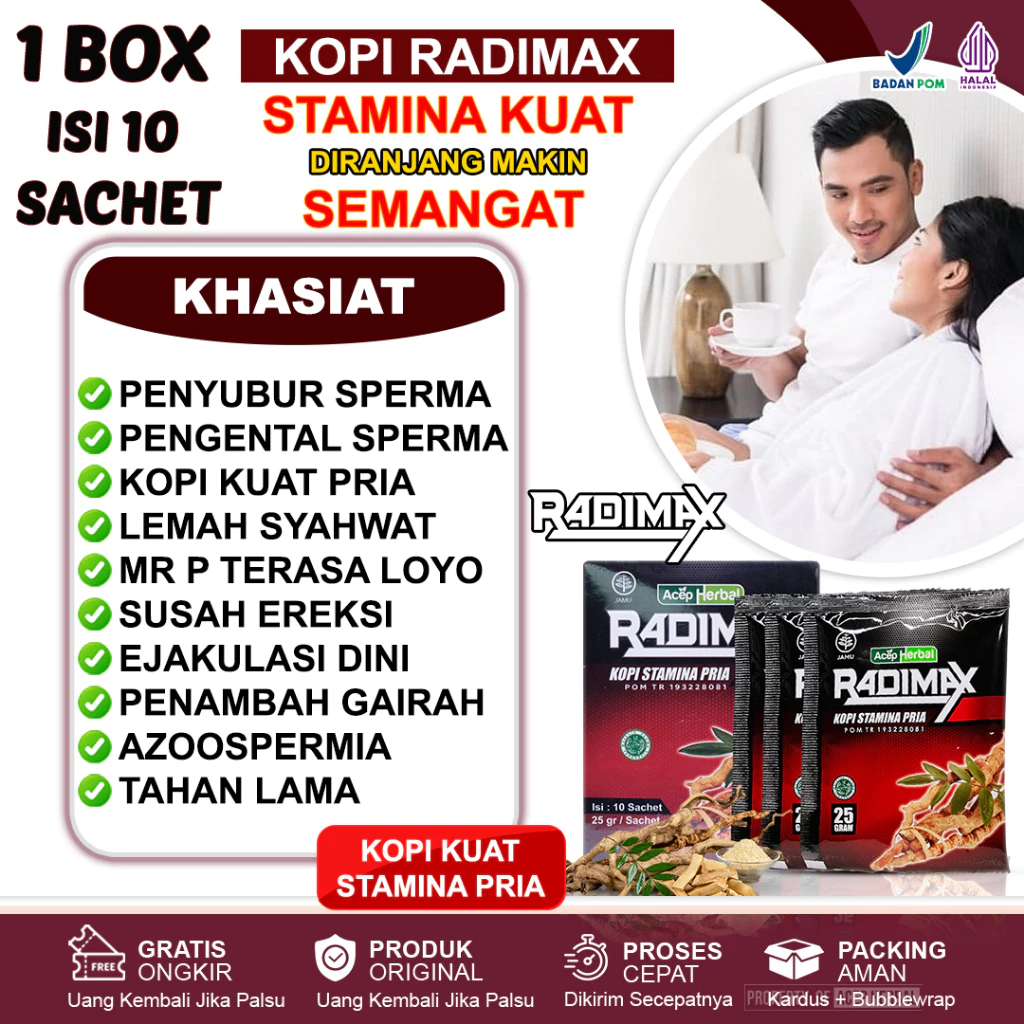 

RADIMAX Kopi Pria Kuat Tahan Lama Herbal Aman di Lambung 1 Box Isi 10 Saschet