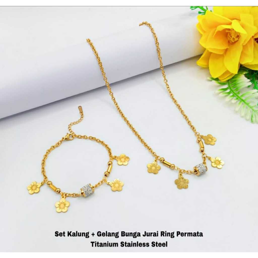 VANRACH_SET KALUNG + GELANG BUNGA JURAI RING PERMATA| STAINLEES STEEL | ANTI KARAT | GELANG WANITA |