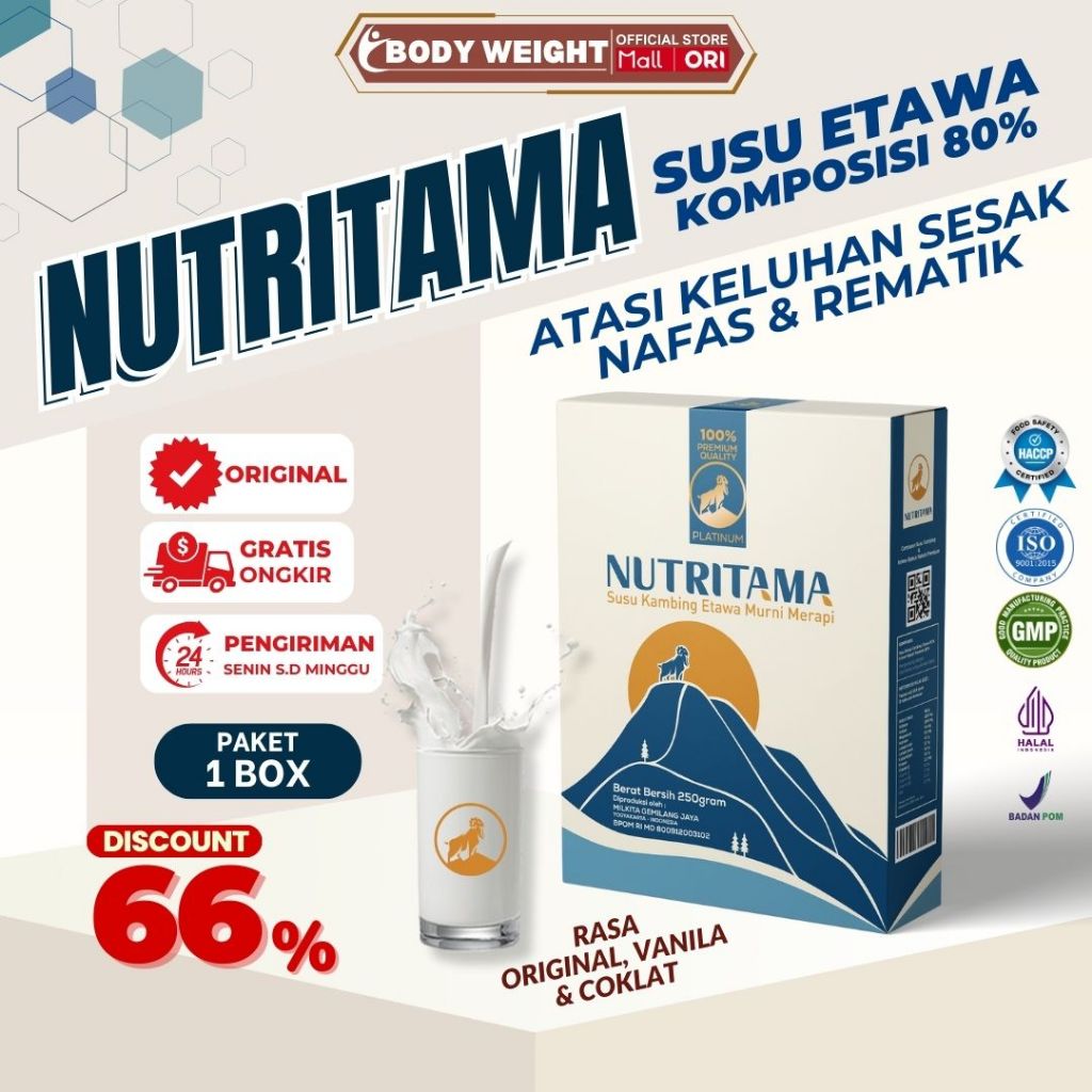 

Nutritama Platinum Susu Kambing Etawa Untuk Membantu Pertumbuhan Tulang dan Gigi Anak Paket 1 Box Kemasan 250gr