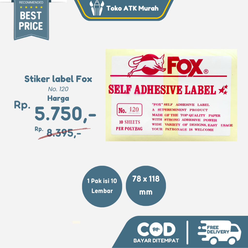 

Kertas / Label Stiker Fox No. 120 uk. 78 x 118 mm (Persegi Panjang)
