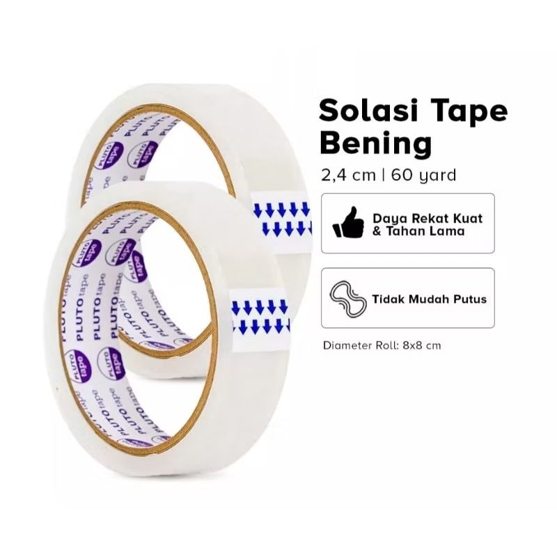 

Lakban Solasi Bening Pluto Tape 1 inch 24 MM x 60 Yard/12mm 90yard
