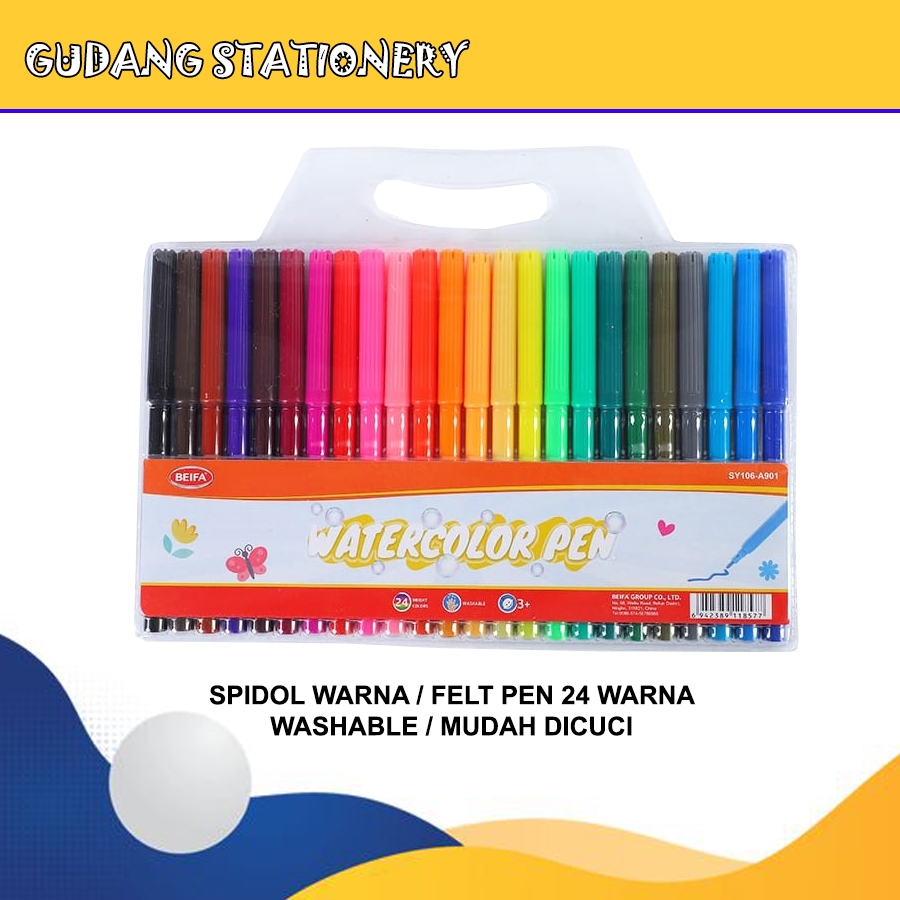 

Beifa Spidol Warna / Felt Pen Dapat Dicuci / Washable 2.0mm 24 Warna SY106