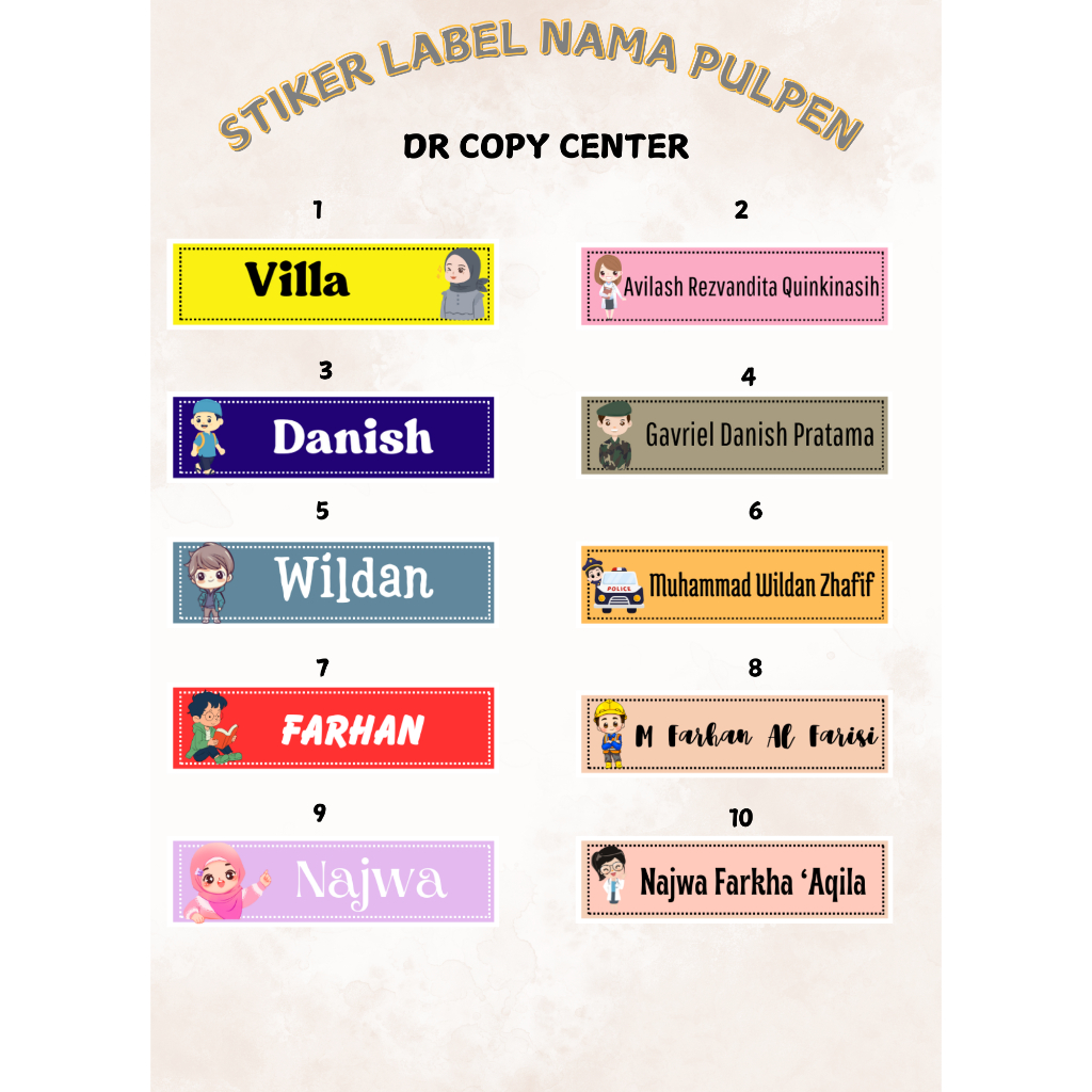 

Stiker Nama Pulpen/ Pensil/ Spidol / Cat Warna DLL