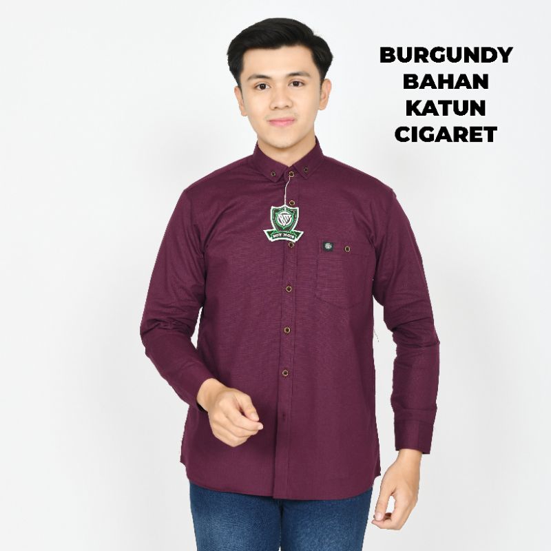 Burgundy Kemeja Polos Pria Lengan Panjang Bahan Katun Cigaret Warna BURGUNDY / UNGU TUA