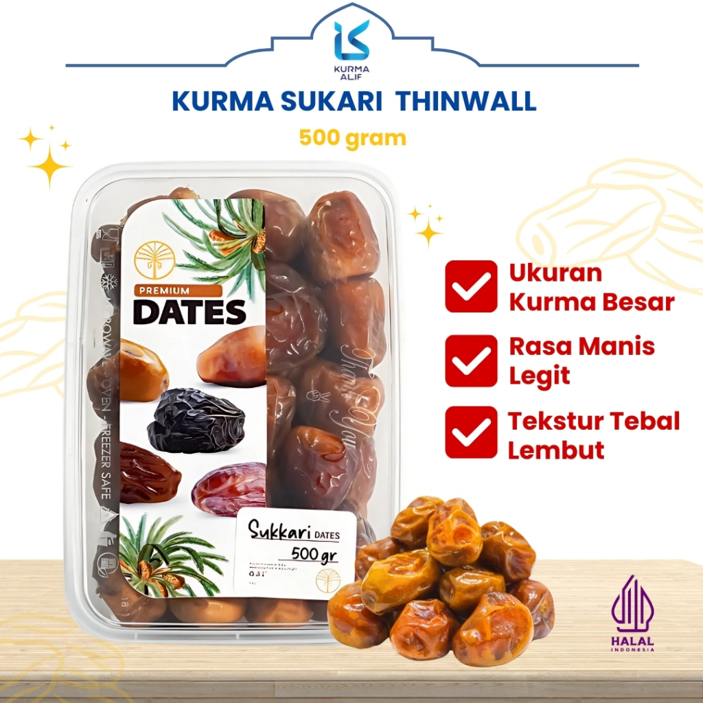 

Kurma Sukari Thinwall 500gr Kurma Raja Basah Premium Quality