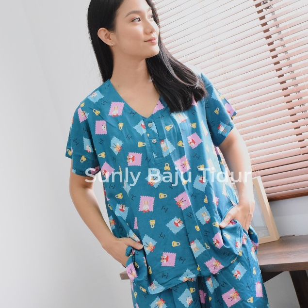 Baju Tidur Wanita Rayon | Lengan Pendek Celana Panjang | Sunly Set Piyama Rayon Wanita