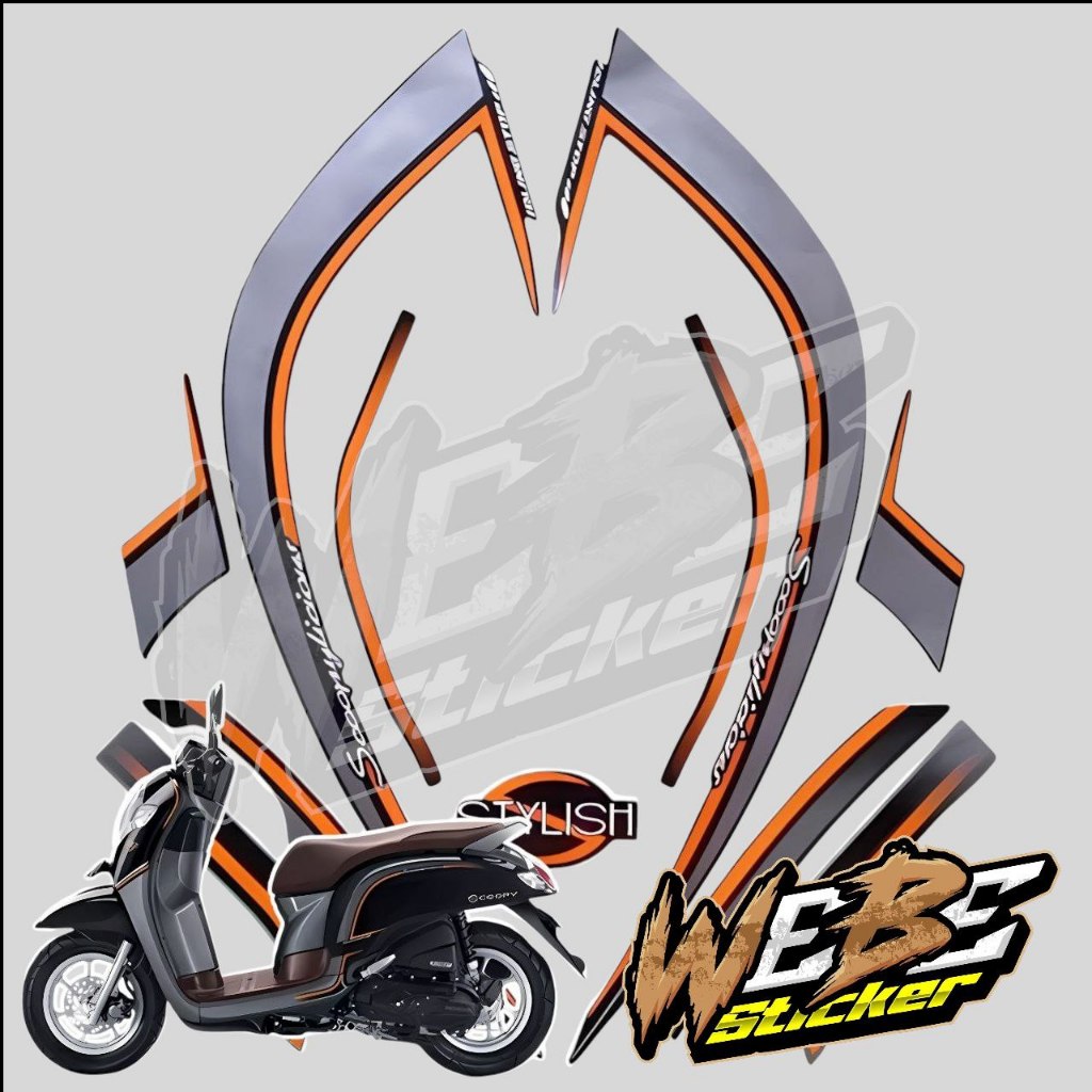 STICKER STIKER POLET LIS STRIPING MOTOR FULL BODY HONDA SCOOPY STYLISH 2017 WARNA HITAM ABU ABU OREN