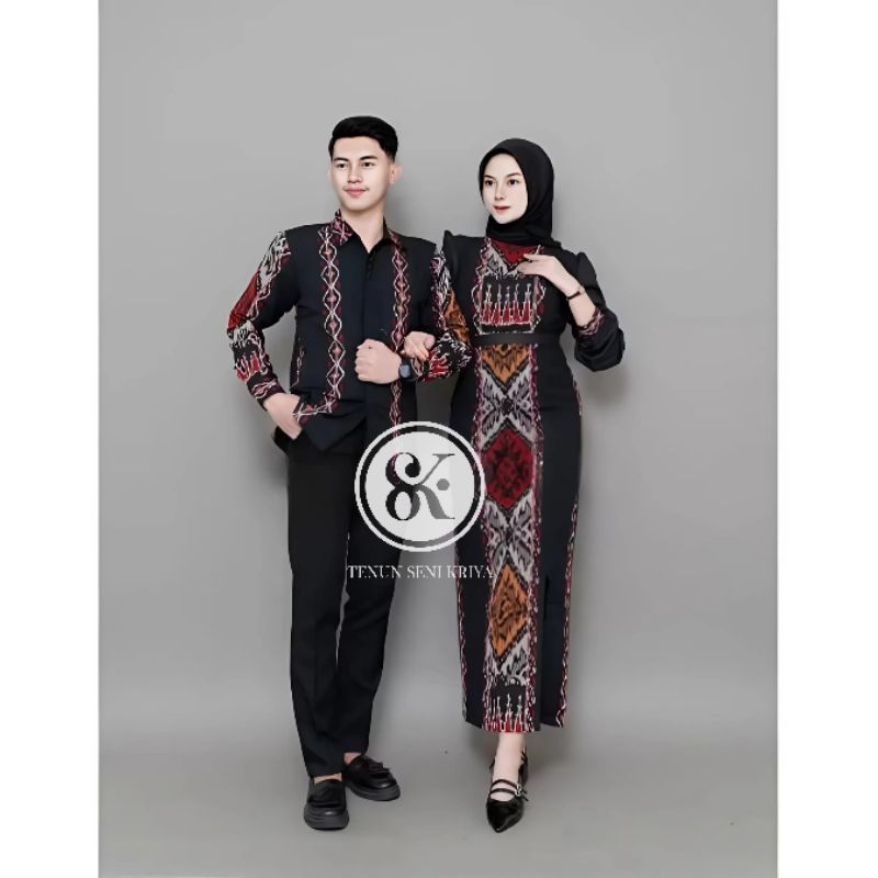 BAJU TENUN COUPLE KONDANGAN - TENUN COUPLE SET FATMA HITAM MAROON - GAMIS COUPLE KONDANGAN & KEMEJA 