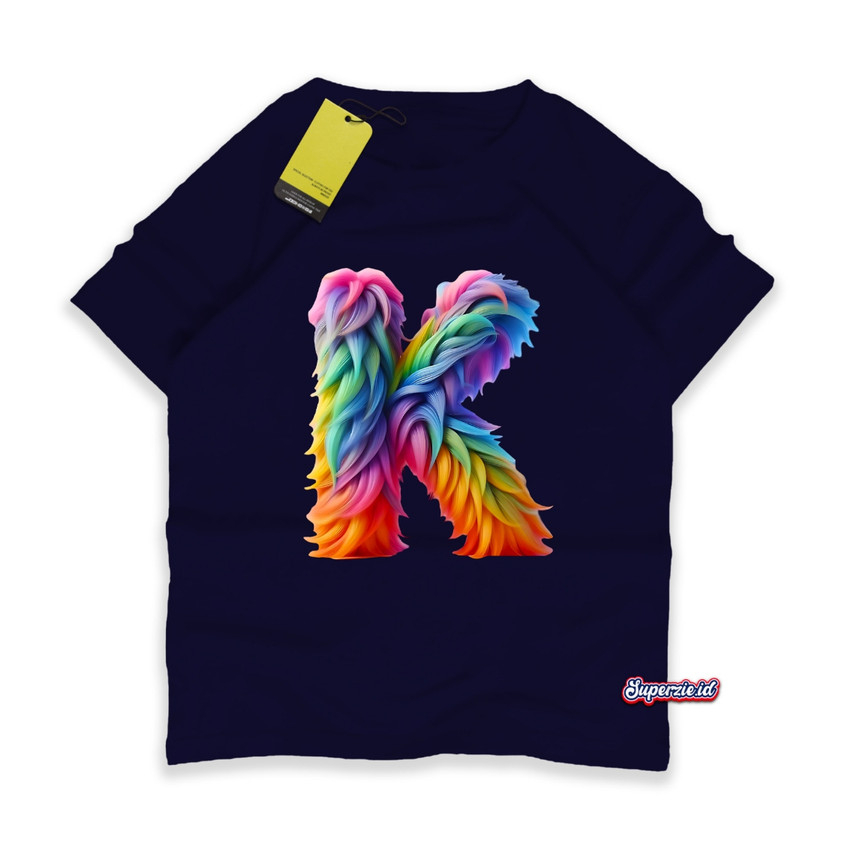 Superzie Konveksi kaos anak laki laki sablon motif huruf K rainbow hitam lilac merah print DT70