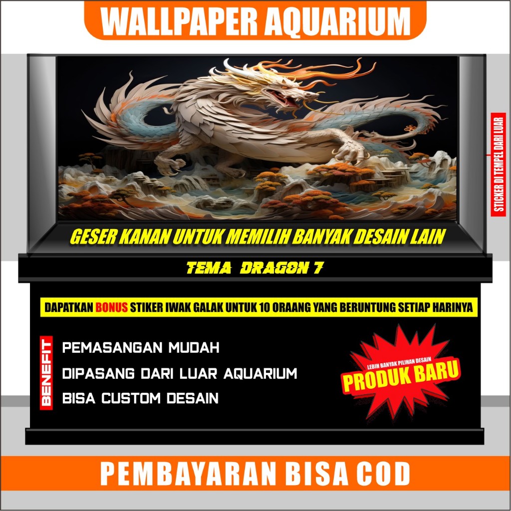 sticker aquarium, background aquarium motif naga, wallpaper aquarium dragon stiker gambar naga