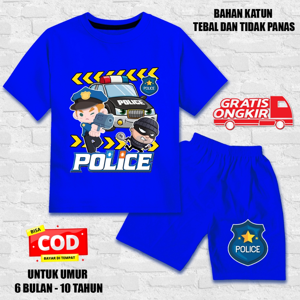 Setelan lengan pendek anak laki laki perempuan set kaos anak katun dtf polisi