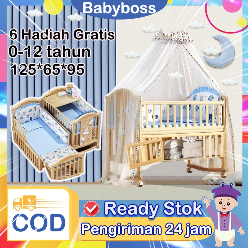 Ready Stok[Tanpa Cat & Tanpa Formalin]Tempat tidur bayi kayu  box bayi  Tempat Tidur bayi set lengka