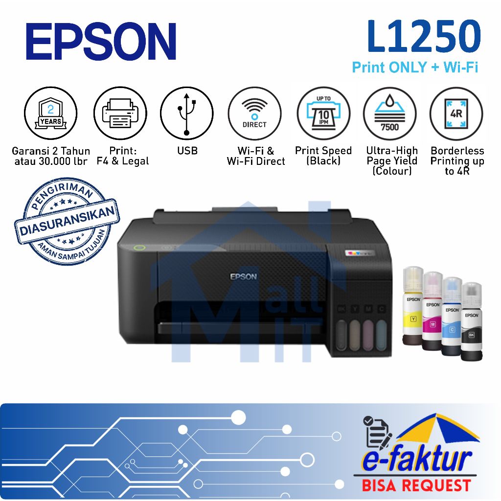 MALLIT EPSON Printer Epson L1250 L-1250 L 1250 Print Only Wifi Garansi Resmi Medan