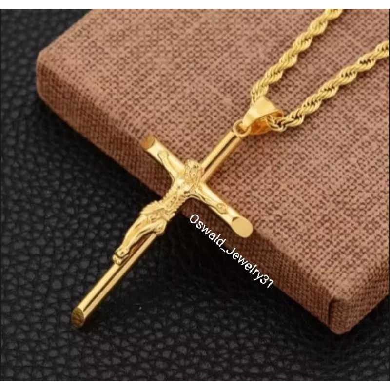 Kalung Pria Bahan Titanium Fashion Permata LIONTIN SALIB Besar Panjang Kalung 60 CM Steel Anti Hitam