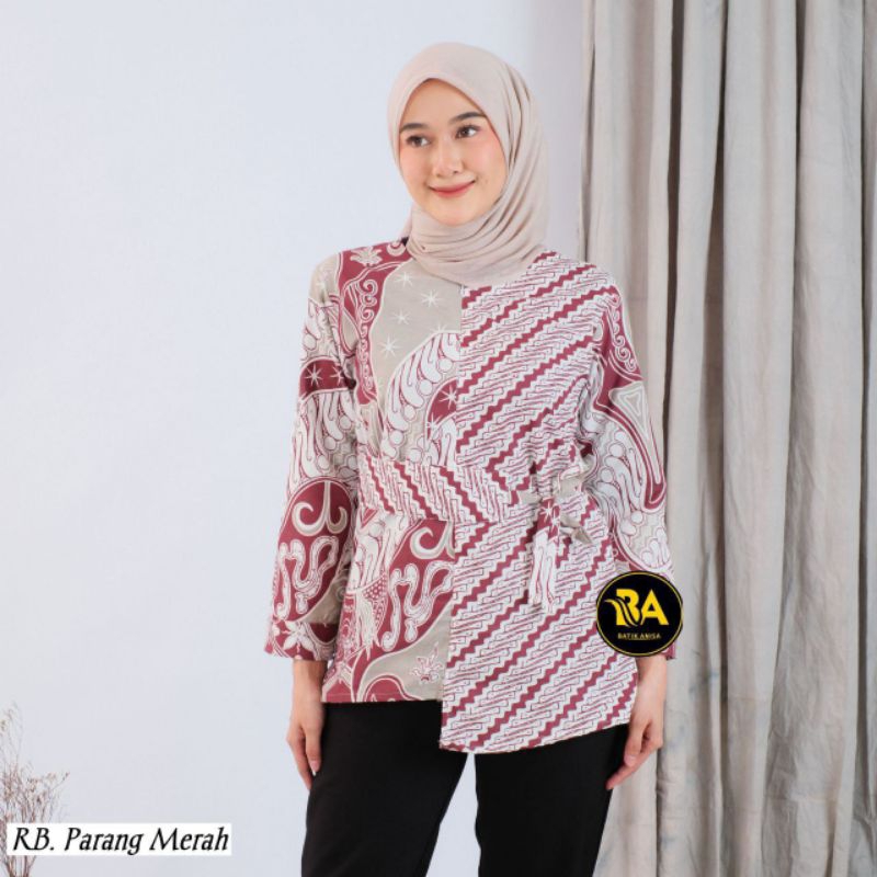 Atasan baju batik wanita kerja blous kantor modern lengan 3/4