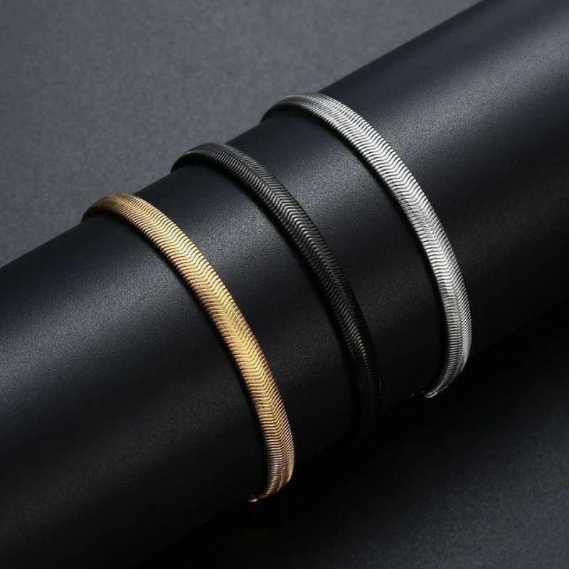 Gelang Tangan Kaki 22cm Titanium Model Pipih Belut Rantai Pria Wanita Stainless Steel Anti Karat Sel