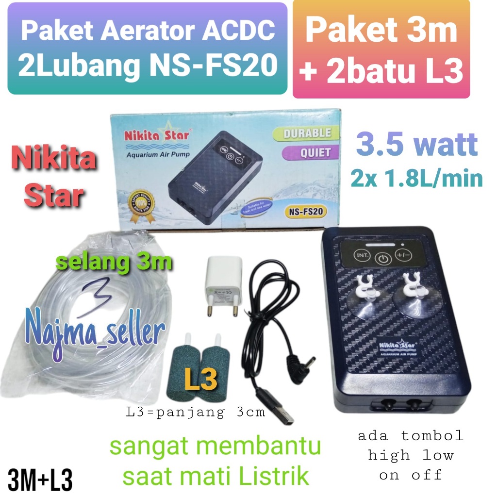 NAJMASELLER || Paket Aerator ACDC 2 Lubang NS FS20. nikita star. berguna saat mati Listrik. Aerator 