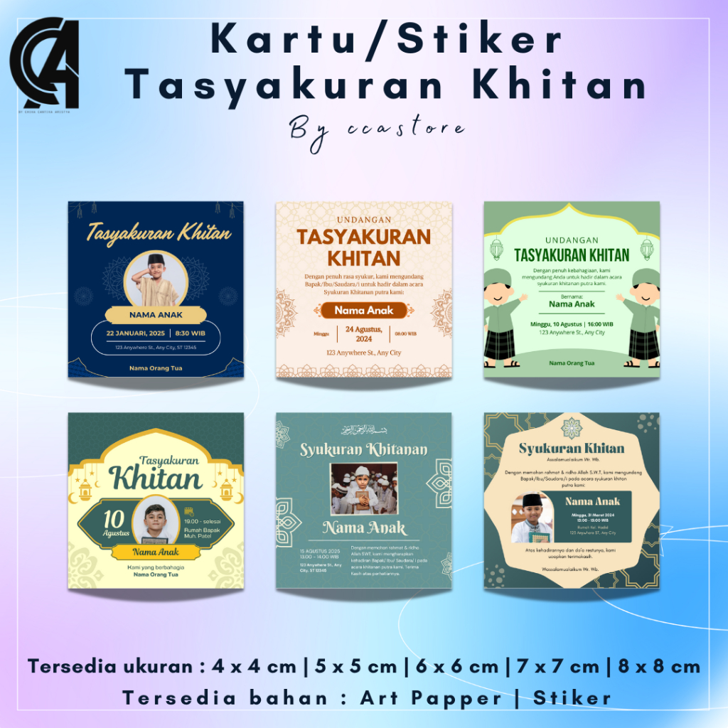 

Kartu/Stiker Tasyakuran Khitan | Bentuk Persegi | Minimal Pembelian 50pcs | Murah Meriah