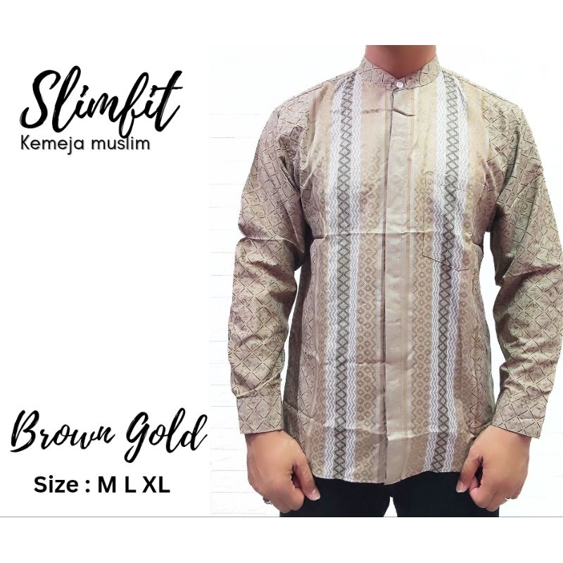 Kemeja Koko Pria / Baju Koko Slimfit lengan Panjang Coklat Brown Bronze emas mewah