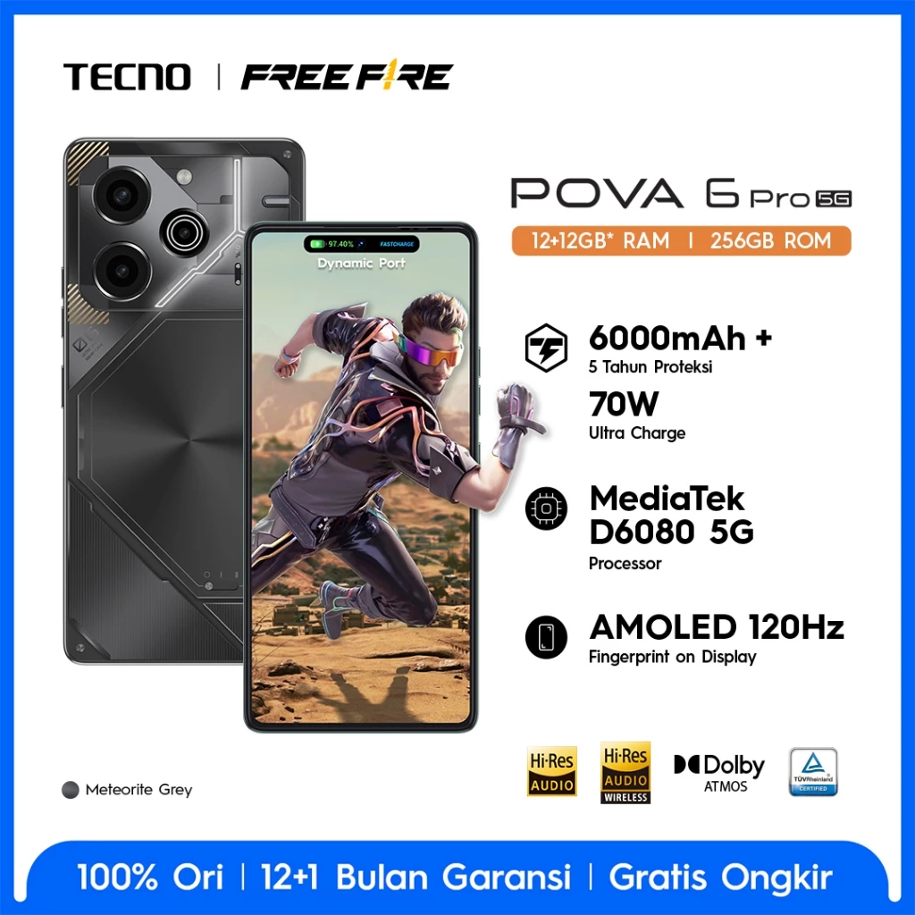 TECNO POVA 6 PRO 5G NFC AMOLED 120Hz 12+12GB*/256GB  32MP 6000mAh 70W - GARANSI RESMI-Meteorite Grey