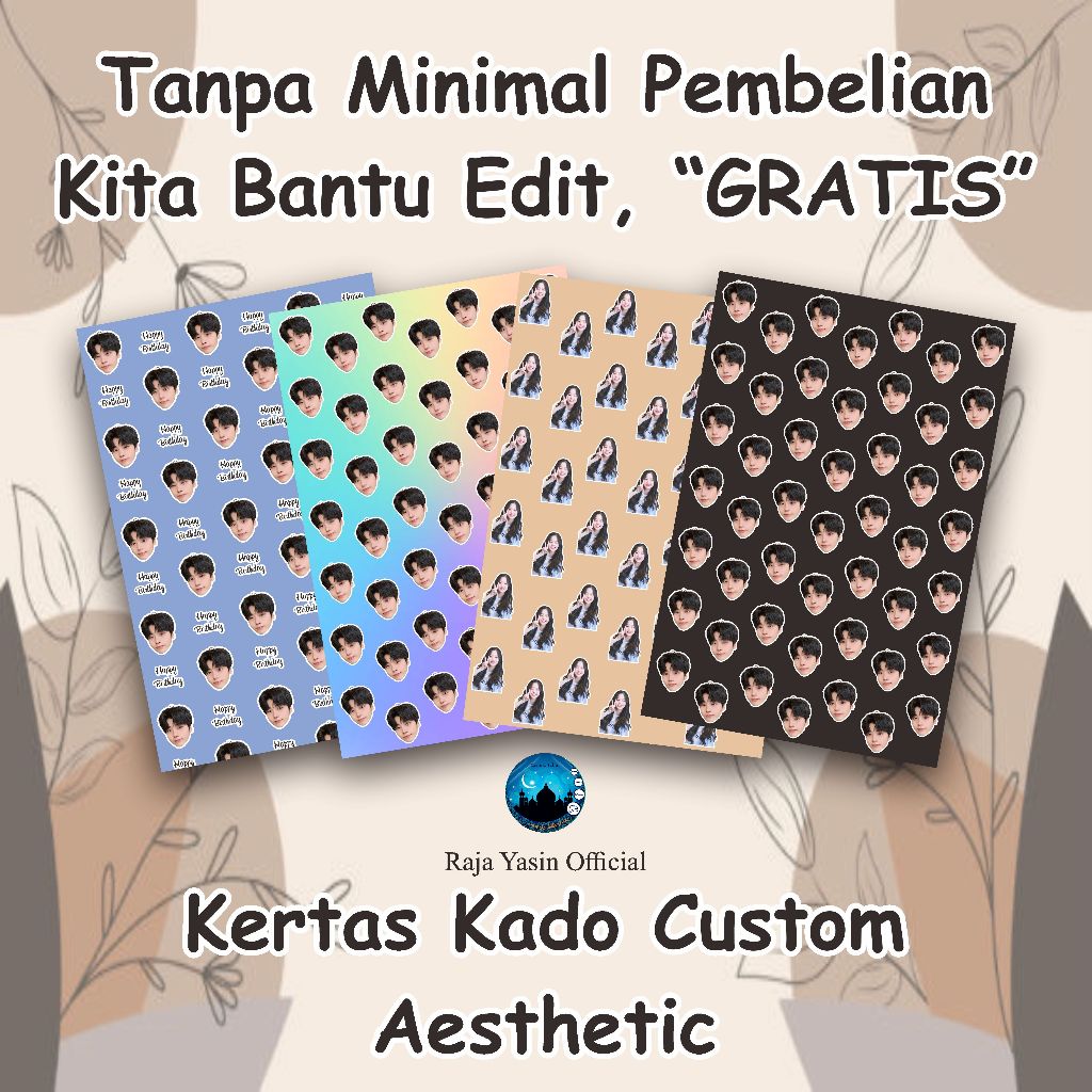 

cetak bungkus kertas kado aesthetic unik motif foto wajah muka lucu wrapping paper custom murah