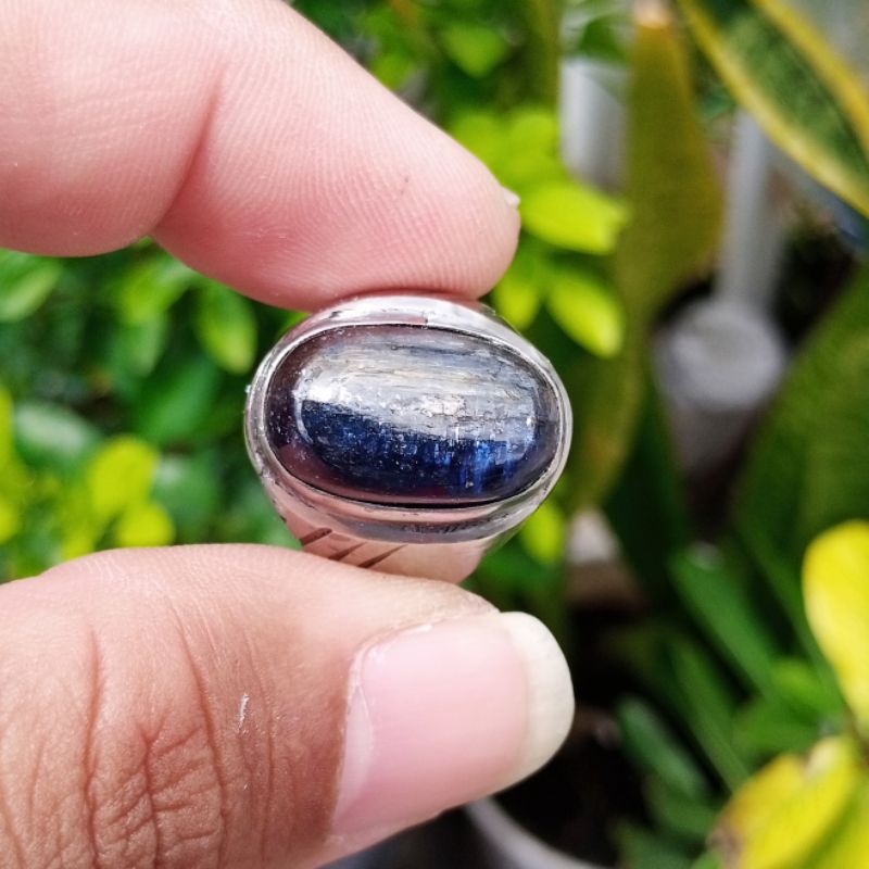 Cincin Monel Batu Permata Natural Blue Safir Australia / Kyanite Cabochon Big Size